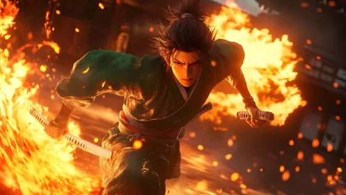 Dynamic anime swordsman charging through cinematic firestorm.