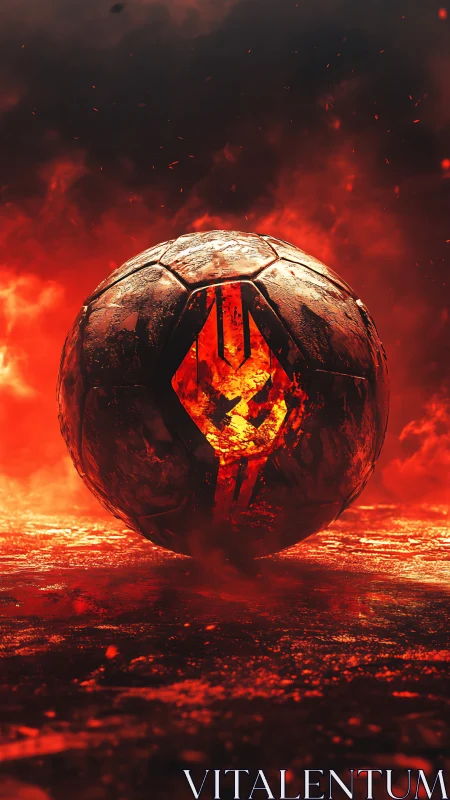 Molten emblem soccer ball levitates above incandescent lava field