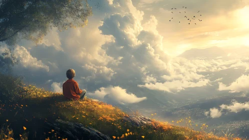 Boy on hillside dreams into a sunlit ocean of clouds.