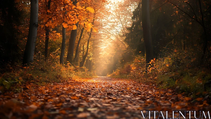 Golden sunlit forest path glowing with autumn foliage.