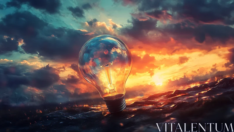 Glass light bulb rests on wet ground under dramatic sunset sky