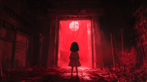 Child silhouette before crimson portal under looming moon.