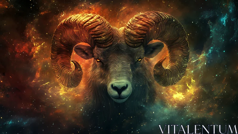 Cosmic ram portrait glows within swirling nebula halo.