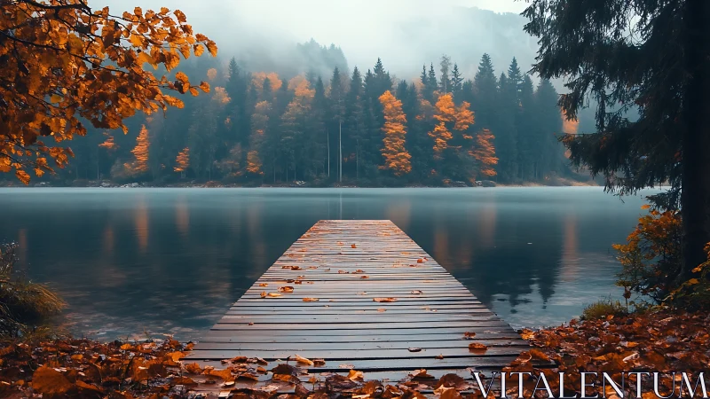 Misty autumn pier extends over tranquil forest lake.