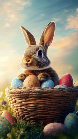 Rendered rabbit positioned behind woven basket of eggs outdoors