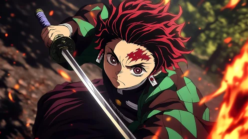 Dynamic anime swordsman lunges forward with blazing resolve