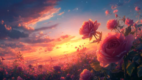 Rose-lit horizon where sunset turns petals into embers.