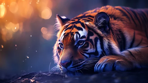 Resting tiger in low light with blurred warm background bokeh.