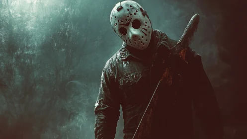 Hockey mask drifter stalks through teal fog with brutal blade