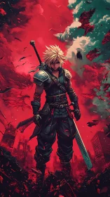 Sword warrior stands amid burning crimson storm ruins.