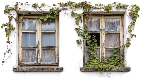 Decayed double casement windows with ivy vines reclaiming facade