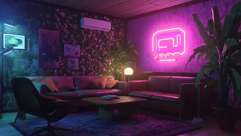 Neon lounge interior with retro sofas and lush wall art.