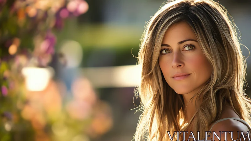 Woman in soft golden outdoor light with gentle expression.