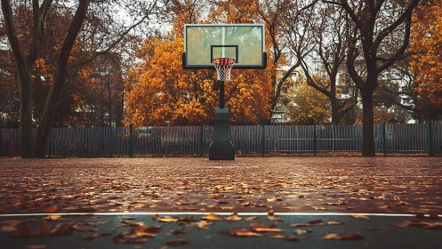 Quiet basketball court wrapped in golden autumn calmness.
