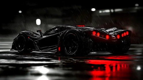 Sleek black supercar glowing with red lights in the rain.