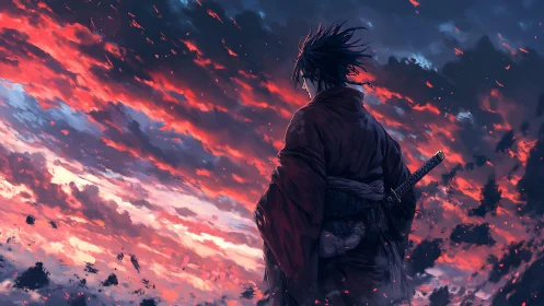 Storm-tossed ronin gazes into a sky of burning embers.