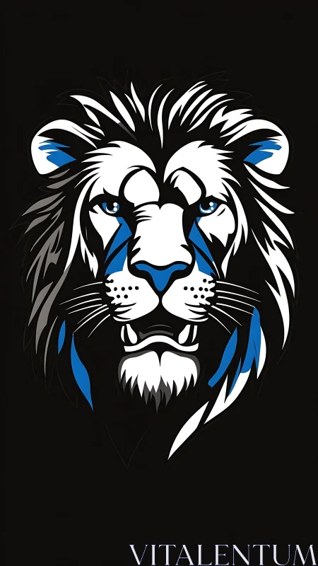 Stylized lion head illustration uses bold white and blue lines