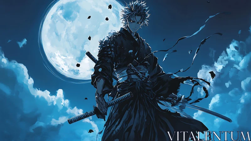 Moonlit samurai stands calm beneath wild swirling clouds.