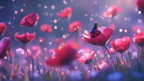 Ladybird rests on stylized pink flower in shallow focus field