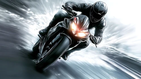 Motorcyclist races through light and spray in high-speed rush