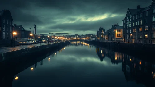 Urban canal at dusk with waterfront buildings and reflections.
