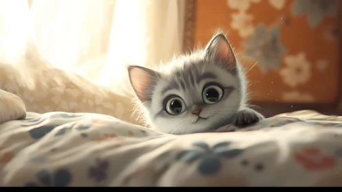 Wide-Eyed Kitten Peeking Through Sunlit Linens.