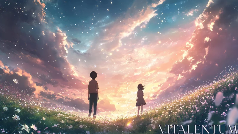 Children under radiant sunset sky in flower field.