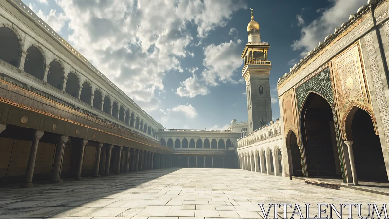 Sunlit Islamic courtyard with ornate minaret and arcades.