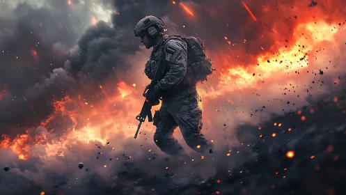 Armored soldier advances through inferno amid dynamic explosions