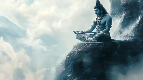 Mountain clouds cradle serene blue deity in timeless meditation