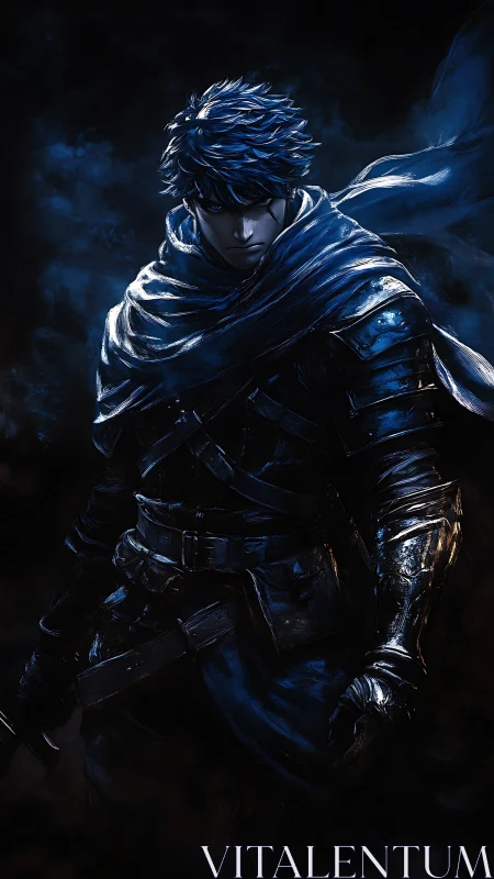 Brooding armored swordsman in dark blue lighting portrait.