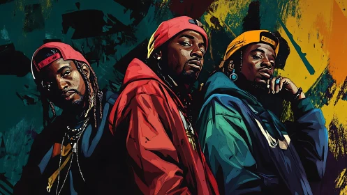 Urban hip hop trio in bold digital street art portrait.