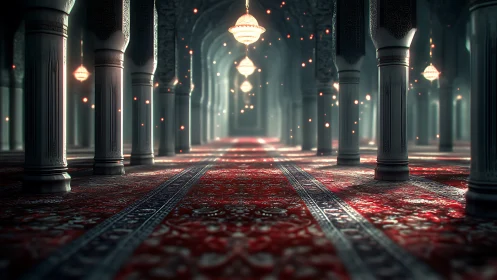 Cinematic 3D render of ornate mosque colonnade interior.