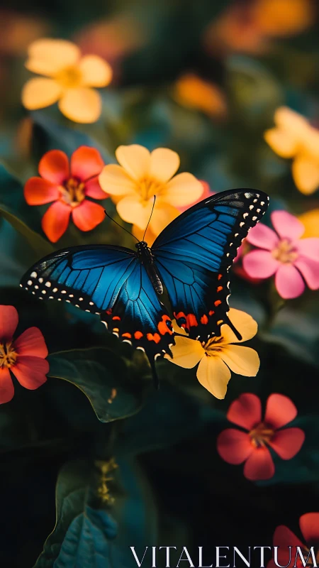 Sapphire garden butterfly glows above blazing spring blooms.