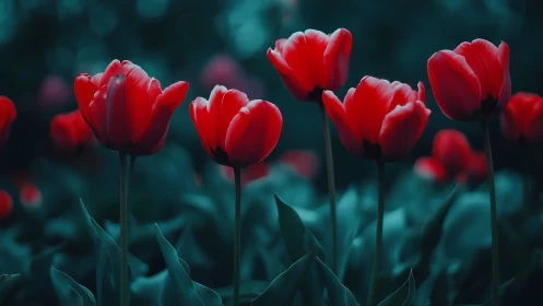 Red Tulips Against Teal Background.
