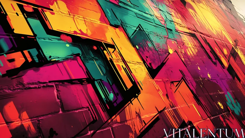 Neon geometric graffiti explodes across urban brick wall
