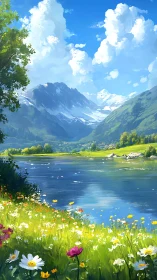 Sunlit alpine lake with wildflower meadow foreground.