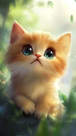 Orange kitten with green eyes among leafy surroundings.