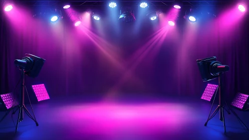 Neon stage hush under candy lights awaiting the spotlighted story.