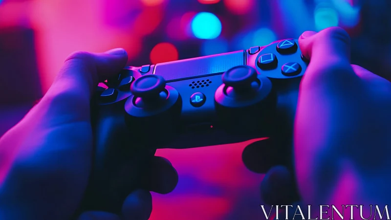 Neon-lit gamer hands grip console controller in bokeh glow.