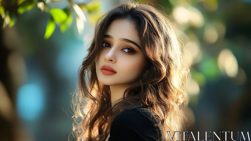 Softly lit portrait of a wistful young woman in nature