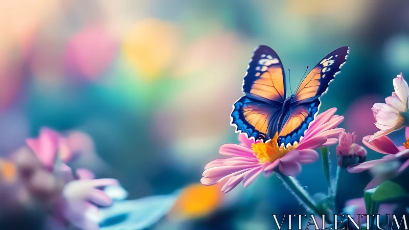 Iridescent butterfly resting on pastel flowers at dusk.