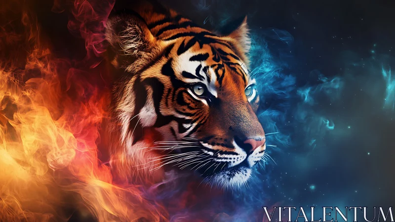 Bengal tiger portrait bisected by dynamic fire and ice nebulae