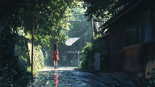 Girl in red dress walks sunlit rainy village lane.