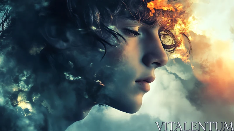 Surreal side profile portrait fused with storm clouds and fire
