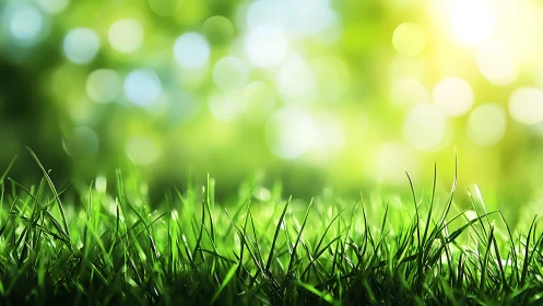 Lush Green Grass with Sunlight, Soft Focus Nature Background.