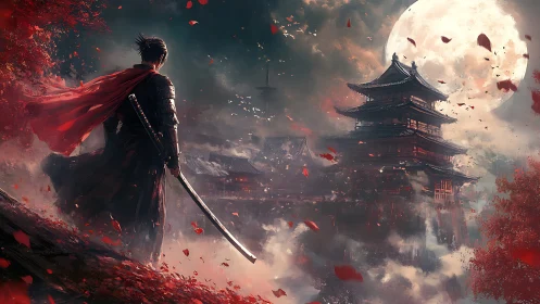 Solitary swordsman observing tiered temple under full moon.