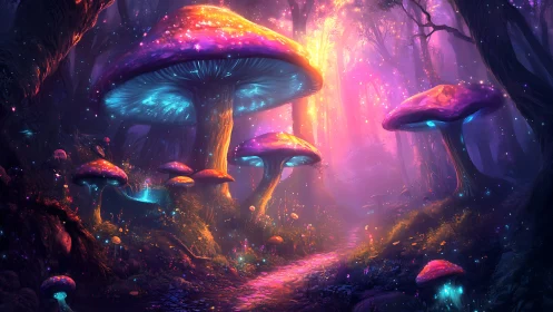 Bioluminescent mega-mushrooms illuminate a chromatic forest path