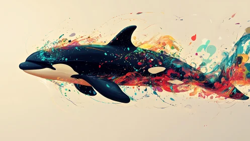 Orca silhouette integrated with abstract color dispersion.