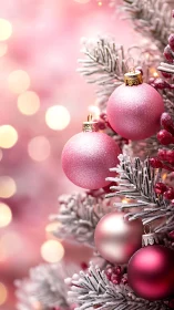 Macro study of frosted pink ornaments on snow-dusted fir.